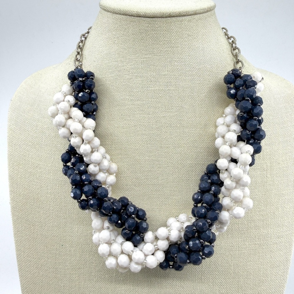 Navy White Twisted Bead Statement Necklace Silver Tone Chunky Layering Accessory